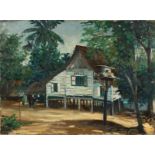 Continental School. Figures by a House in a Jungle, Oil on Canvas, Signed Indistinctly, 18.5" x 24".