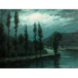 R. Tassoul (20th Century) Continental School. A Tree-Lined River in Moonlight with a Village Beyond,