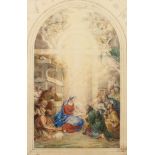 Circle of James Stephanoff. Adoration of the Magi, Watercolour, Dated 1851, Unframed, 15" x 9".