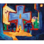 Thoedore Roszak (1907-1981) Polish American. Semi Abstract with Figures Before a Cross, Signed,
