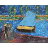 20th Century School. Figure by a Lake with Small Boat and Poplar Trees in the Distance, Oil on