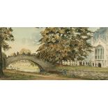 W. S. Blackshaw. Figures Punting and Students on a Bridge in the Grounds of a College -