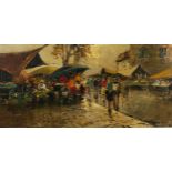 20th Century Continental School. A Market Scene with Flower Stall and Figures, Oil on Canvas, Signed