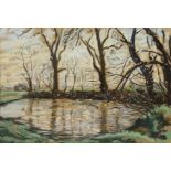 Peter Norton. Landscape with Pond and Trees, Pastel, 12" x 17", with another pastel by a different