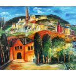 Manner of Dufy, Late 20th Century Continental School. A View of a Hillside Town, Oil on Canvas,