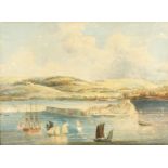 Circle of Edward Duncan (1803-1882) British. Naval Ship, a Hulk and Smaller Craft off a Small Island