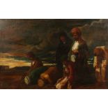 19th Century Orientalist School. Figures at Sunset Praying before Ruins, Oil on Canvas laid down,