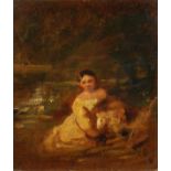 19th Century English School. Study of a Girl and a Sheep in a Landscape, Oil on Canvas, 8" x 7".