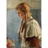 20th Century Continental School. Portrait of a Young Girl in an Interior, Oil on Canvas,