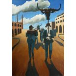 Martin Vernon (b.1966). Surreal Composition with Suited Men and Women in a Street Procession, Oil on