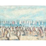 Paul Beauvais British. A Beach Scene with Figures and Yachts in the Distance, Oil on