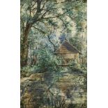 A Borgic de Mozola. Cottage on the Edge of a Pond, Watercolour, Signed and Inscribed, 18.5" x 11.