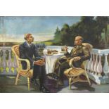 20th Century Russian School. Lenin and Maxim Gorky, Seated on a Terrace, Oil on Canvas, 37" x 52",