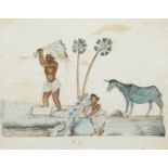 19th Century, Anglo Indian School. A Couple Washing Clothes by a River, Watercolour, 7.5" x 9.5",