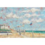 Paul Beauvais British. A Continental Beach Scene with Flags, Oil on Board, Signed, 9.