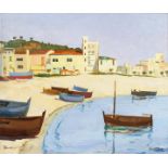 20th Century Continental School. Boats on the Beach at Blanes, Oil on Canvas, Indistinctly Signed