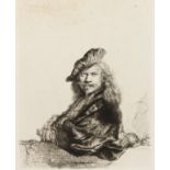 After Rembrandt. Self Portrait in a Felt Hat, Etching, 5" x 6", and four other Old Master Prints,