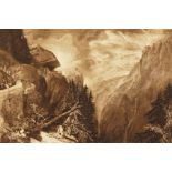 After Turner. Alpine Landscape with Figures, Sepia Etching, 7" x 10", Unframed, and two similar, (