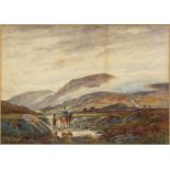 19th Century English School. A Moorland Landscape with a Figure on Horseback, Watercolour,