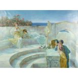 In the Style of Alma Tadema, Classical Maidens Resting on a Marble Terrace, Oil on Canvas, Signed