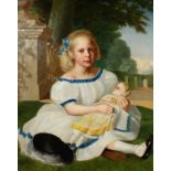 Bryce Smith (19th Century) British. Portrait of a Girl Holding a Doll in a Garden Setting, Oil on