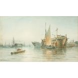 George Gregory (1848-1939) British. Harbour Scene with a Sailboat before Hulks, Watercolour,