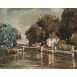 Gilbert Adams (1906-1996) British. 'Whitchurch Lock', Oil on Board, Bears Exhibition Label Verso,