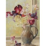 20th Century British School. A Still Life of Mixed Flowers in a Jug, Oil on Board, Signed U. V.