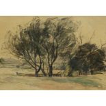 S. T. Hill. 'Willow Trees', a Study of a Landscape, Watercolour and Charcoal, Signed and Dated, 9" x