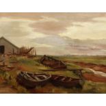 A. H. Spencer (20th Century) British. Boats in a Marshy Landscape, Oil on Canvas, Signed, 14" x