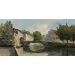 20th Century European School. A Bruges Canal Scene with Bridge, Oil on Canvas, Signed