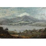 Continental School. An Alpine Lake Scene with Figures in the Foreground, Oil on Panel,