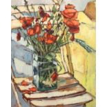 Roger Collin (20th Century). A Still Life of Red Flowers in a Glass Vase, Oil on Card, Inscribed