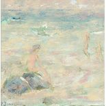 Paul Beauvais British. A Beach Scene with a Figure Seated on a Rock, Oil on Board,