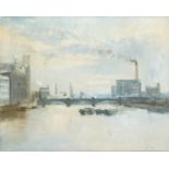 Michael Browne (b.1930). New Zealand/British. A View of the Thames with Barges and a Bridge, Oil