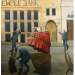 Martin Vernon (b.1966). Surreal Composition with Suited Men Outside a Bank, Oil on Canvas, 32" x