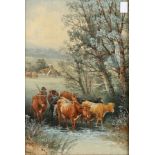 Thomas Rowden (1842-1926) British. Driving the Cattle, Watercolour, Signed, 17.5" x 12".