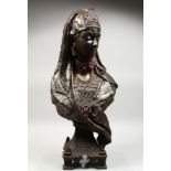 A SUPERB METAL BUST OF AN ARAB PRINCESS with head gear, drop earrings and enamel beadwork