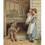 George Goodwin Kilburne (1839-1924) British. A Scene of Three Young Children Outside a Workshop,