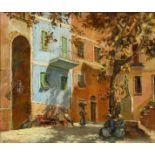 Jack Cross (20th Century) British. 'Corriglia, Italy', Scene of a Town Square, Oil on Board,