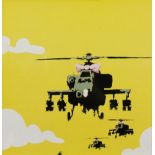 Banksy (b.1974) British. Helicopter with Bow in Yellow Sky, 12" x 12".