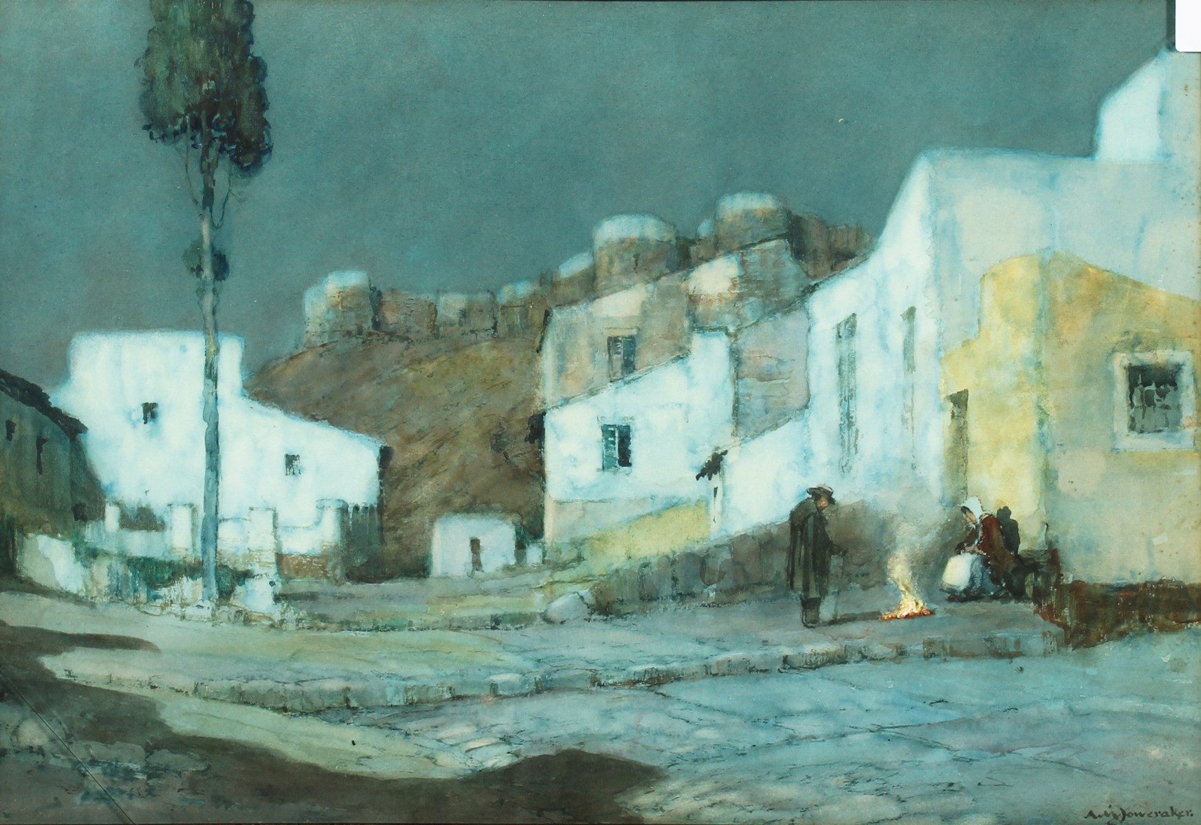 Albert Moulton Foweraker (1873-1942) British. 'Malaga at Night', with Figures by a Small Fire,