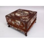 A FINE QUALITY CHINESE HONGMU HARDWOOD & MOTHER OF PEARL INLAID BOX, the inlay depicting phoenix