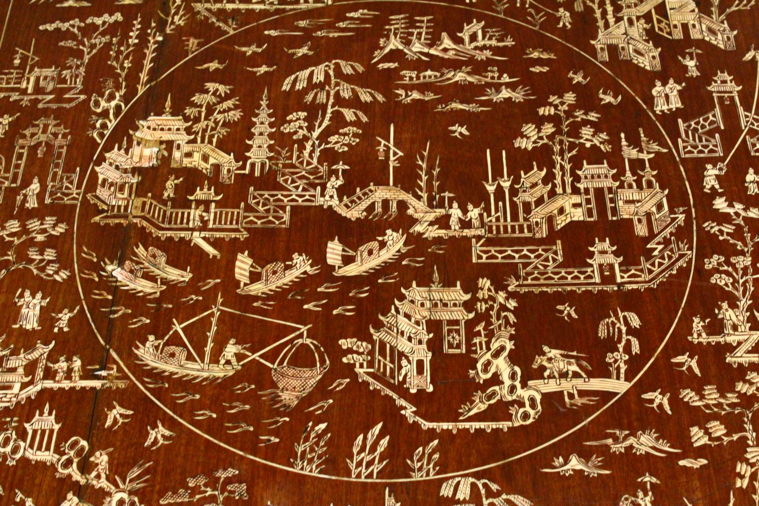 A 19TH / 20TH CENTURY CHINESE BONE INLAID HARDWOOD SQUARE FORMED TABLE, The top inlaid with carved - Image 3 of 4