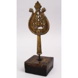 A GOOD INDIAN BRONZE ALAM WITH CALLIGRAPHY & STAND, 31C M.