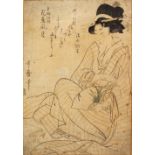 A GOOD JAPANESE WOODBLOCK PRINT BY KITAGAWA UTAMARO 1753 - 1806, depicting a lady seated with with a