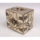 A GOOD JAPANESE MEIJI PERIOD SILVER AND GILT MINATURE TABLE CABINET, the cabinet carved with