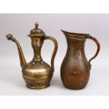 TWO 19TH CENTURY PERSIAN BRASS ENGRAVED JUG / EWER, both engraved with motif and floral