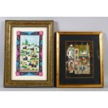 TWO 20TH CENTURY PERSIAN MINIATURE PAINTINGS, one with an inlaid khatam frame, 24cm x 14cm & 20cm