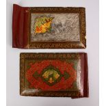 A GOOD 19TH CENTURY PERSIAN PAINTED LACQUER AND WHITE METAL ISFAHAN BOOK COVER, with painted
